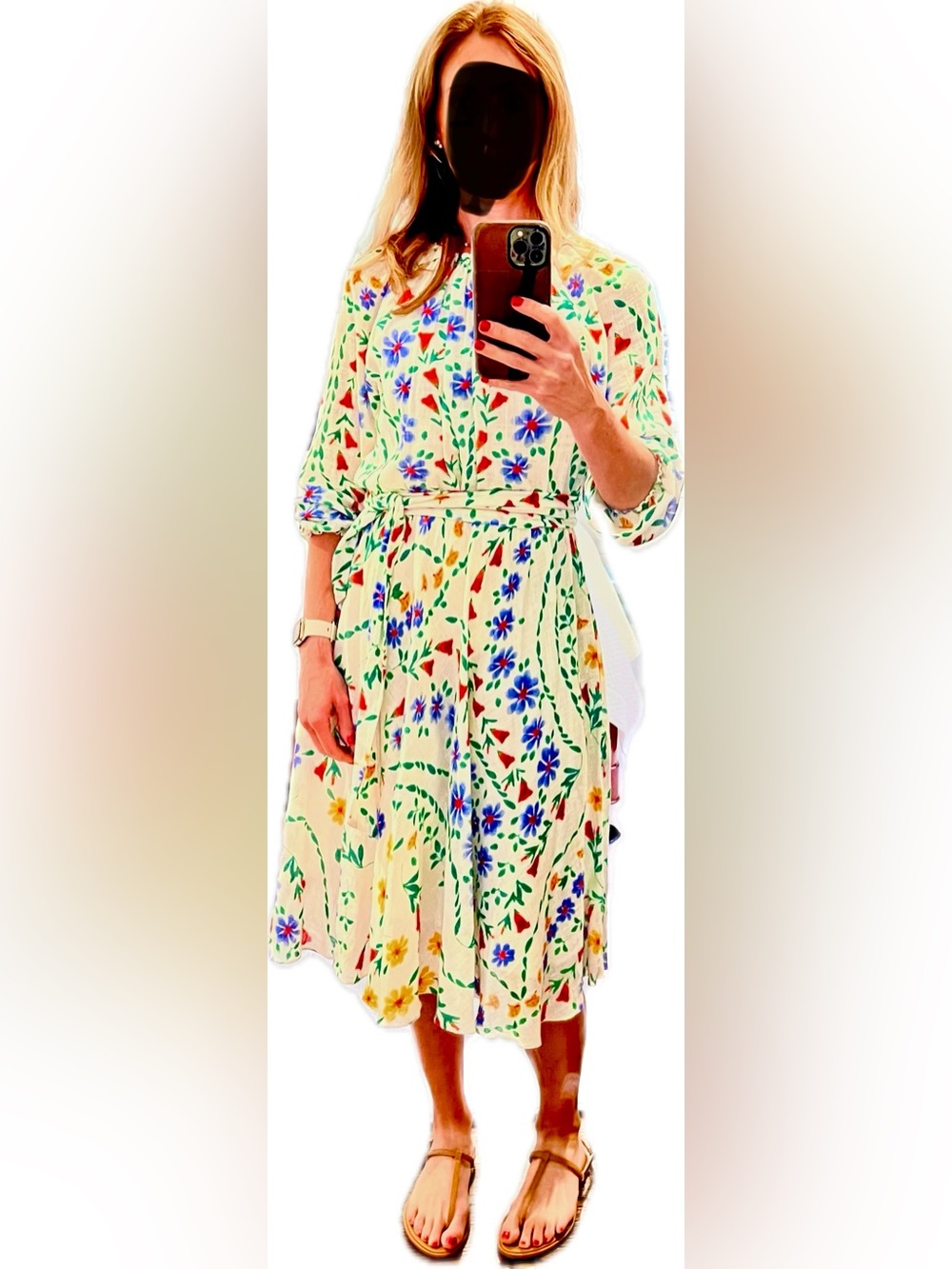 Floral Tie-Waist Midi Dress in Cream with Blue & Green Print
